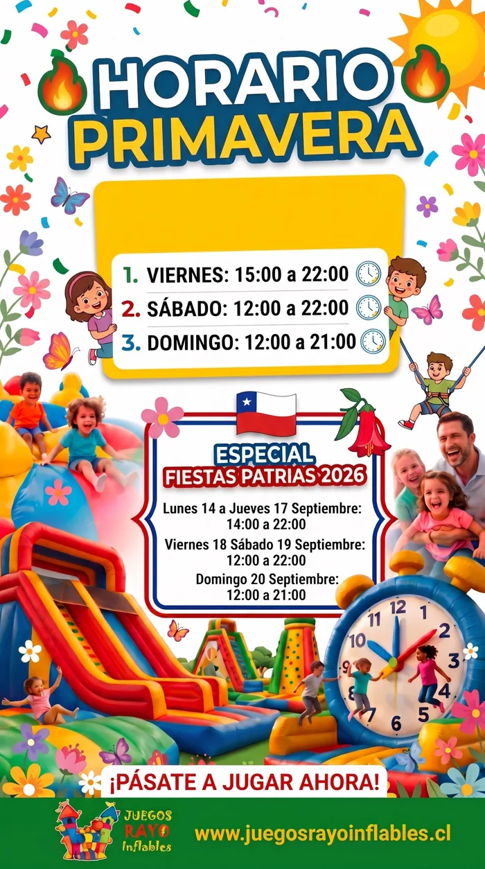 Horario primavera: viernes 15:00 a 22:00, sábado 12:00 a 22:00, domingo 12:00 a 21:00. Especial Fiestas Patrias 2026: lunes 14 a jueves 17 de septiembre 14:00 a 22:00; viernes 18 y sábado 19 12:00 a 22:00; domingo 20 12:00 a 21:00. ¡Pásate a jugar ahora!